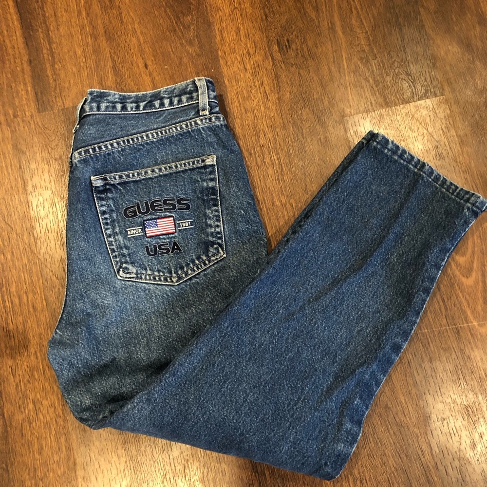Vintage Guess Dark Blue Denim Jeans 90s Y2K  Straight Leg Size 30 Made In USA